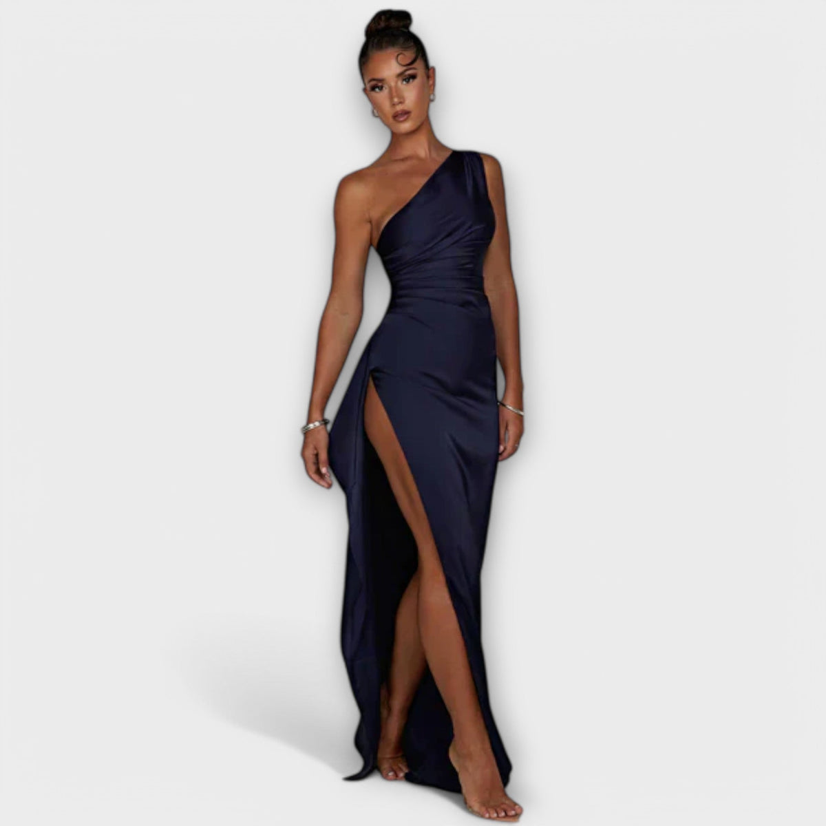 Women's Asymmetrical One-Shoulder Maxi Dress, Draped Evening Dress with High Slit
