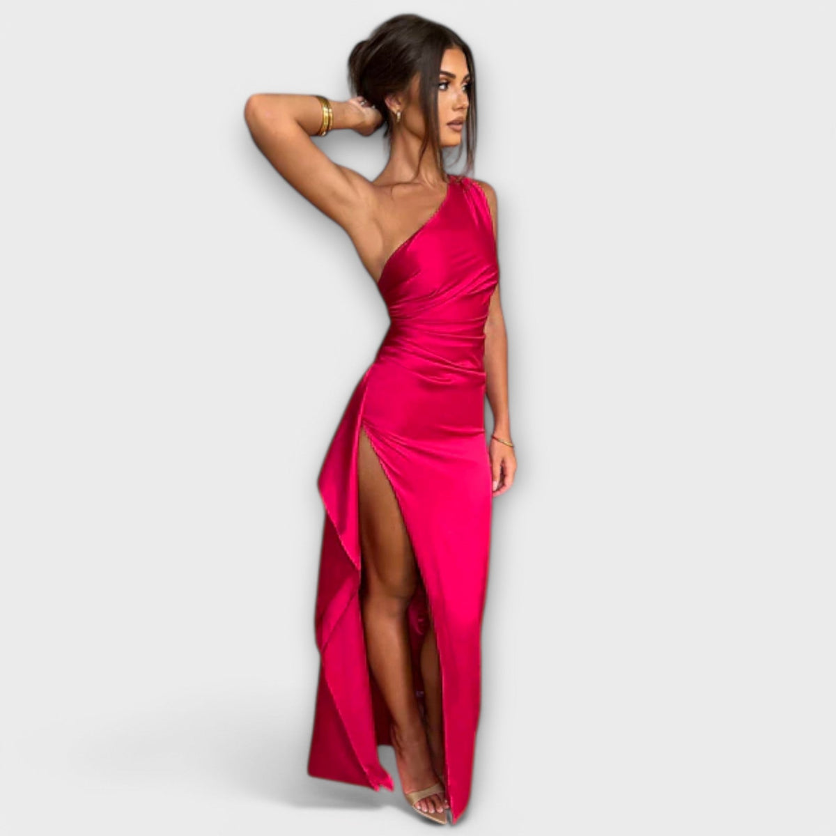 Women's Asymmetrical One-Shoulder Maxi Dress, Draped Evening Dress with High Slit