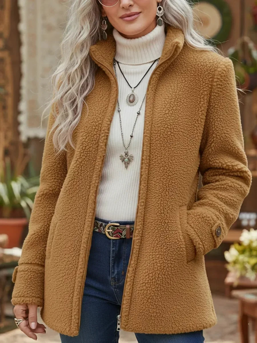Chanelle | Women's Full-Zip Stand Collar Jacket, Soft Below-Hip Everyday Coat