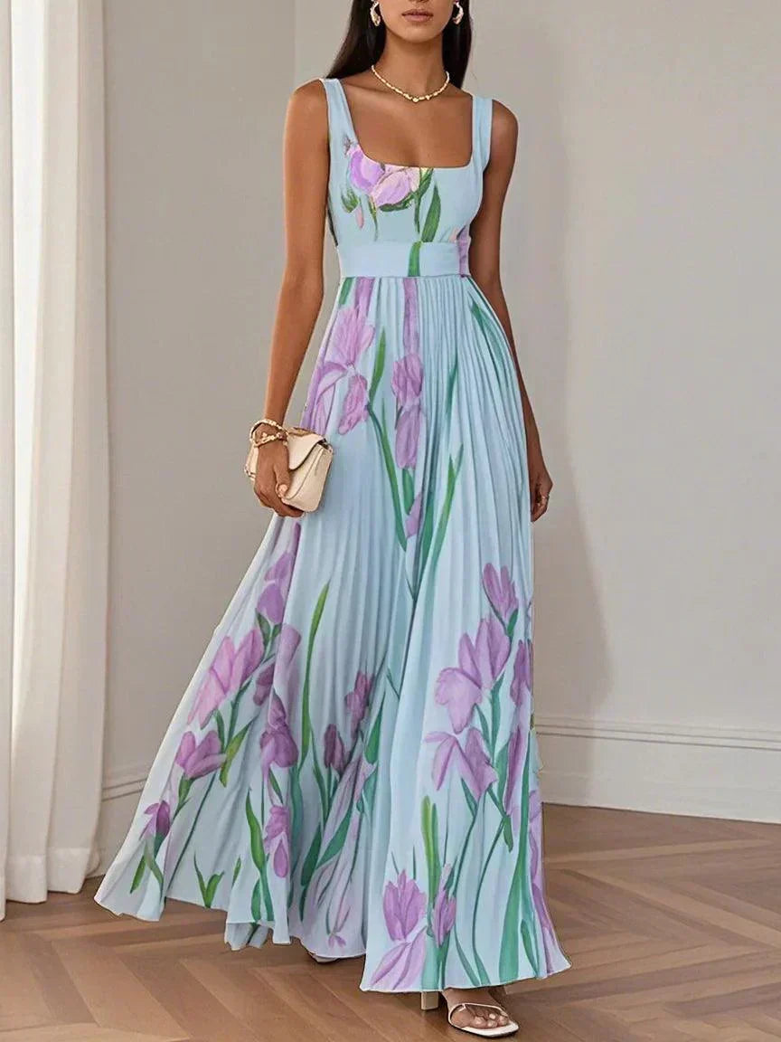 Ella | Women's Pleated Floral Polyester Maxi Dress, Sleeveless A-Line Square Neck Dress