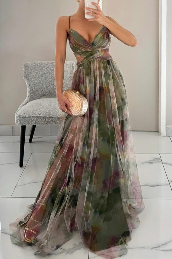 Eirith | Women's Watercolour Print Maxi Dress, Plunging Neckline Dress for Evening Events