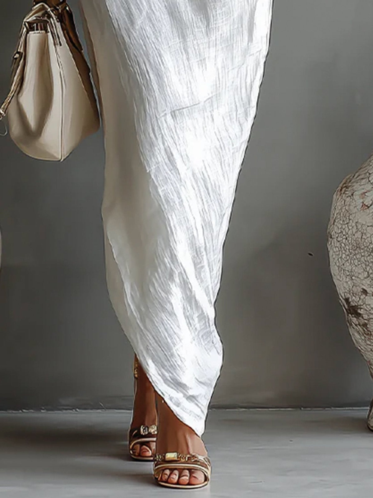 Women's Balloon Sleeve Cotton Linen Maxi Dress, Flowy Summer Dress with Irregular Hem