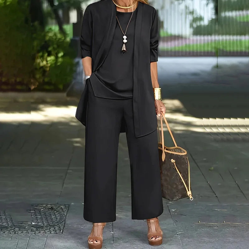 Laney | Women's Three-Piece Set, Coordinated Top Cardigan and Wide-Leg Trousers Outfit