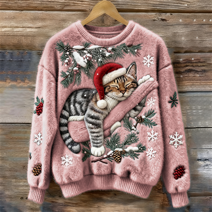 Olivia | Women's Plush Cat Christmas Sweater, Cozy Festive Winter Knit Sweater