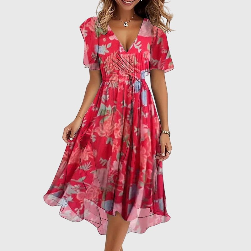 Catalina | Women's Wrap V-Neck Midi Dress, Flutter Sleeve Summer Dress