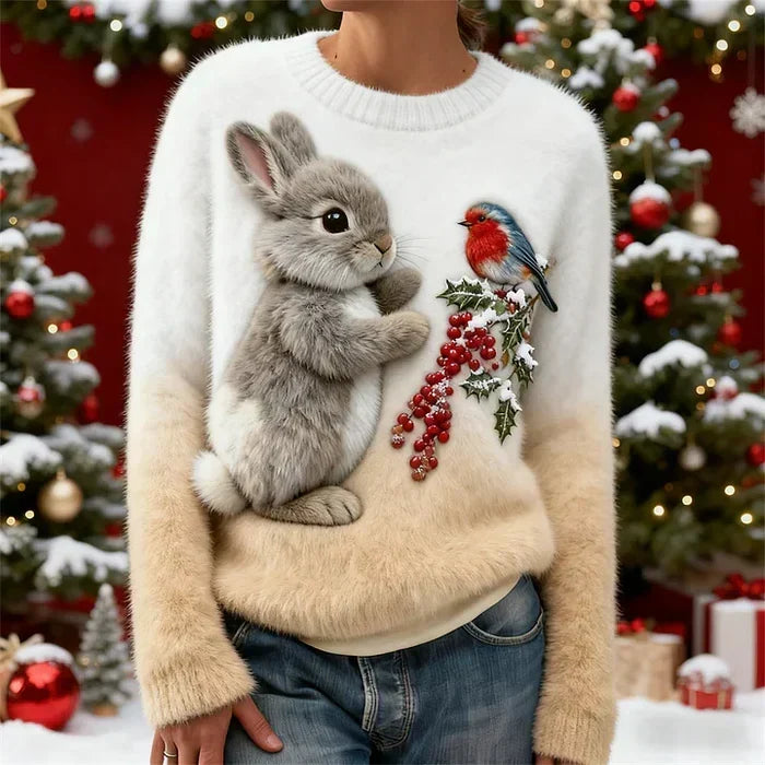Janelli | Women's Bunny Print Sweater, Soft Plush Festive Winter Knit Sweater