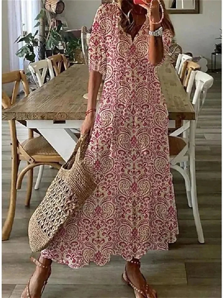 Annemariee | Women's Boho Floral Maxi Dress, V-Neck Short Sleeve Beach Dress