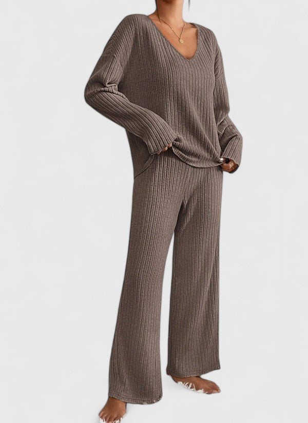 Angeline | Women's Two-Piece Set, V-Neck Sweater and Wide-Leg Ribbed Pants Loungewear