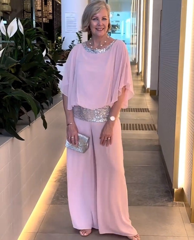 Nessa | Women's Sequin Trim Two-Piece Set, Relaxed Top and Wide-Leg Trousers for Evening