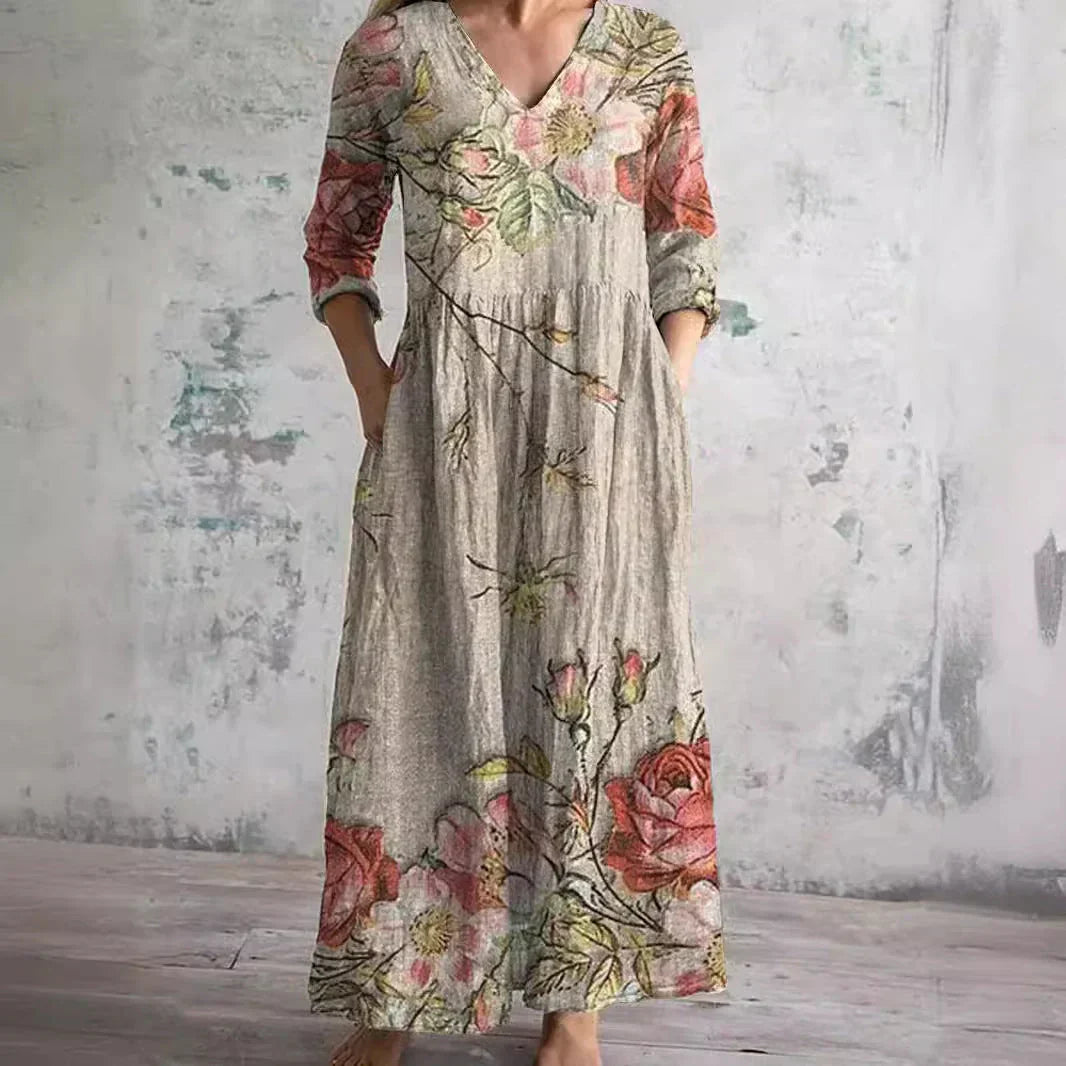 Women's Boho Floral Print Midi Dress, Flowy V-Neck Summer Dress