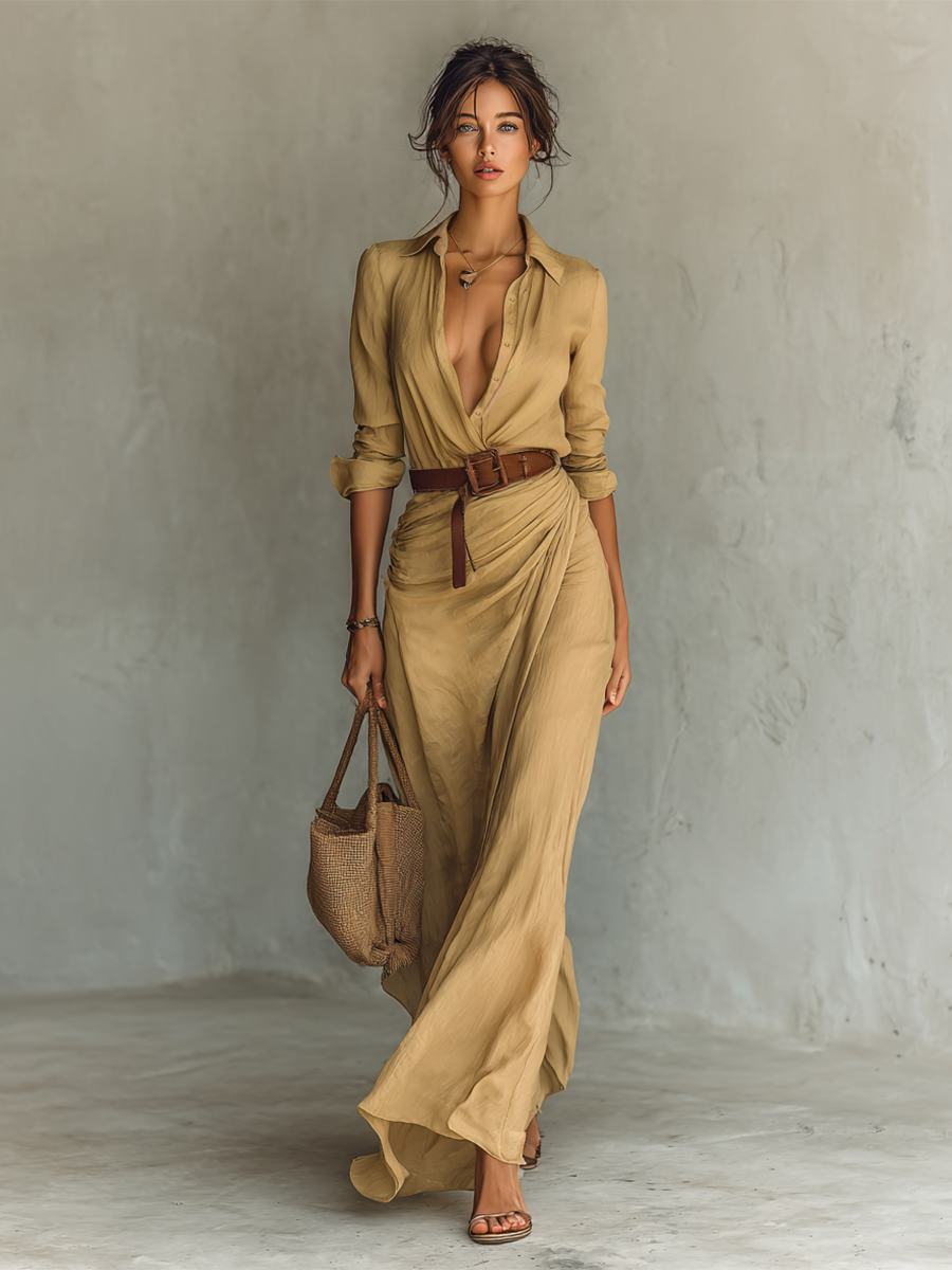 Aphrodite | Women's Belted Maxi Dress, Lapel Collar Formal Evening Dress