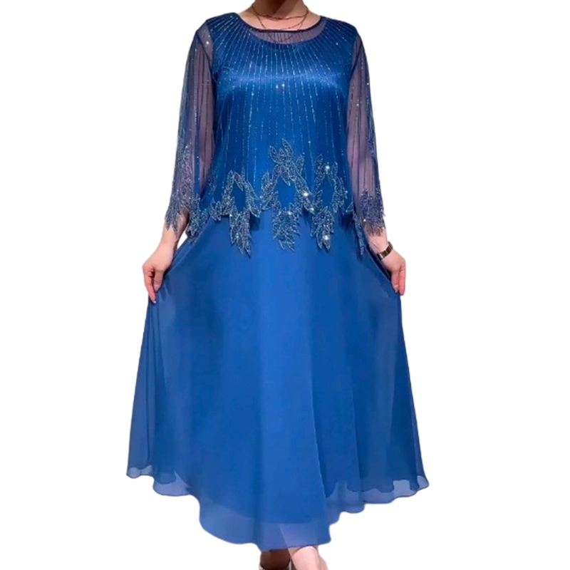 Women's Embellished Midi Dress, Sheer Sleeve Flowy Casual Dress