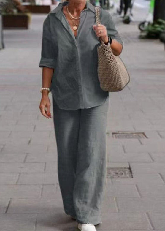 Denice | Women's Casual Two-Piece Set, Button-Up Top and Wide-Leg Trousers Outfit