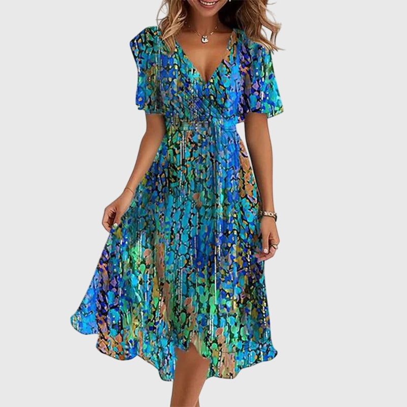 Catalina | Women's Wrap V-Neck Midi Dress, Flutter Sleeve Summer Dress