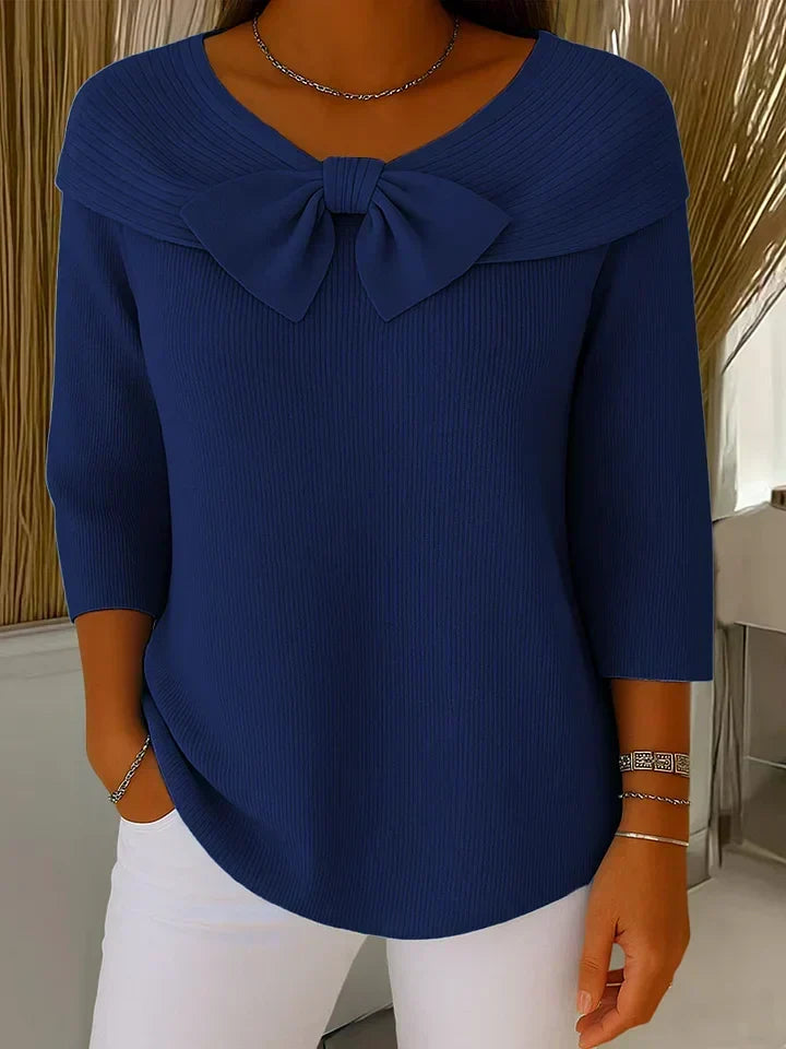 Elodie | Women's Off-Shoulder Bow Sweater, Soft Knit 3/4 Sleeve Evening Sweater