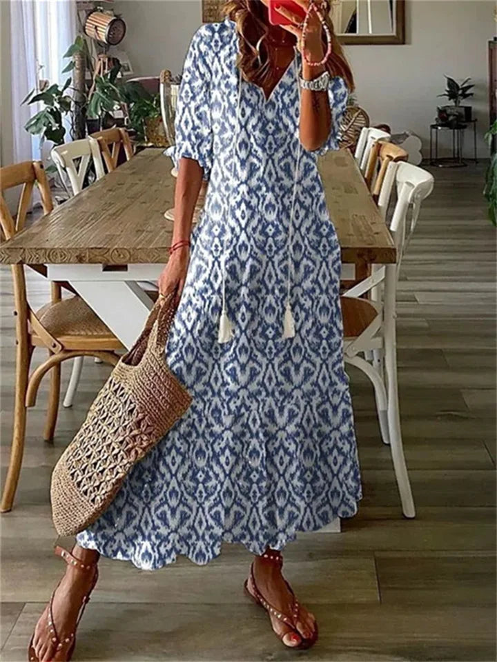 Annemariee | Women's Boho Floral Maxi Dress, V-Neck Short Sleeve Beach Dress
