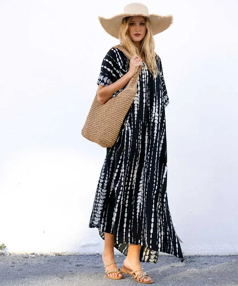 Joanna | Women's Cotton Linen Caftan Maxi Dress, Loose Fit Beach Dress