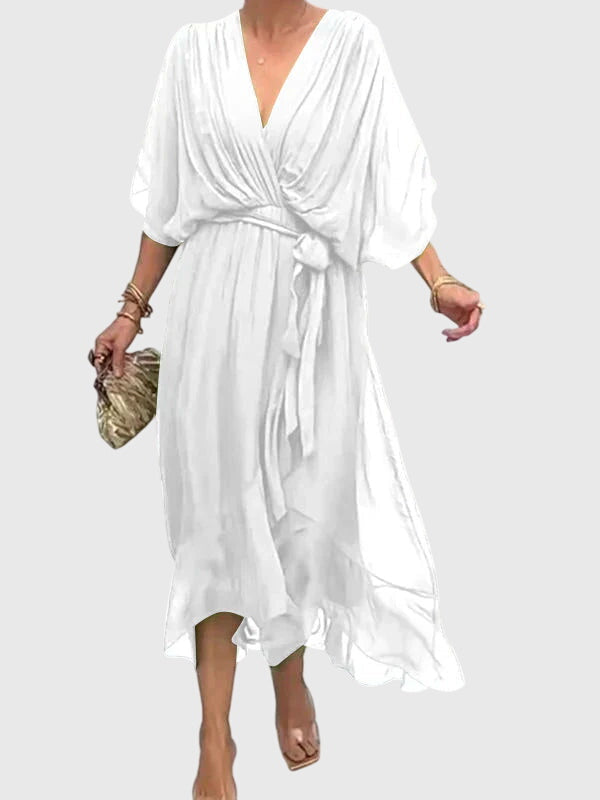 Bethany | Women's V-Neck Midi Dress, Lightweight Flowing Wedding Guest Dress