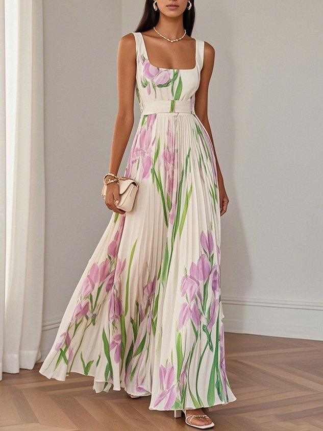Ella | Women's Pleated Floral Polyester Maxi Dress, Sleeveless A-Line Square Neck Dress
