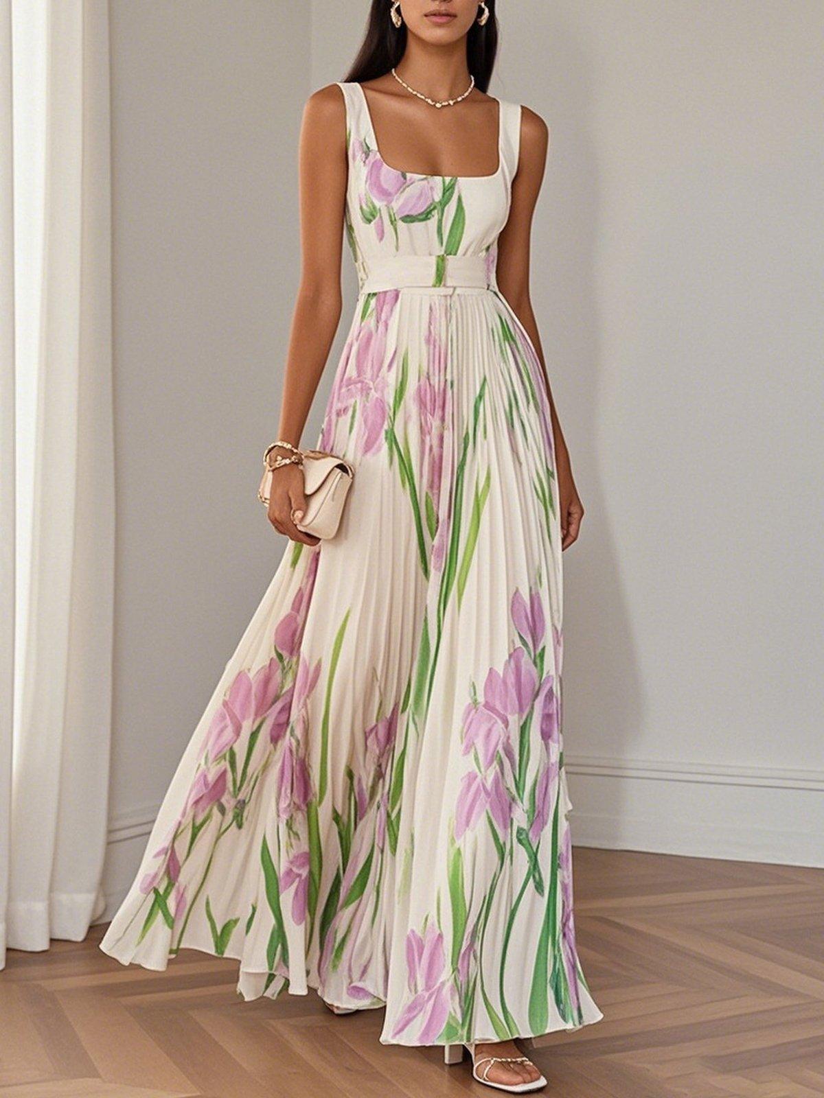 Ella | Women's Pleated Floral Polyester Maxi Dress, Sleeveless A-Line Square Neck Dress