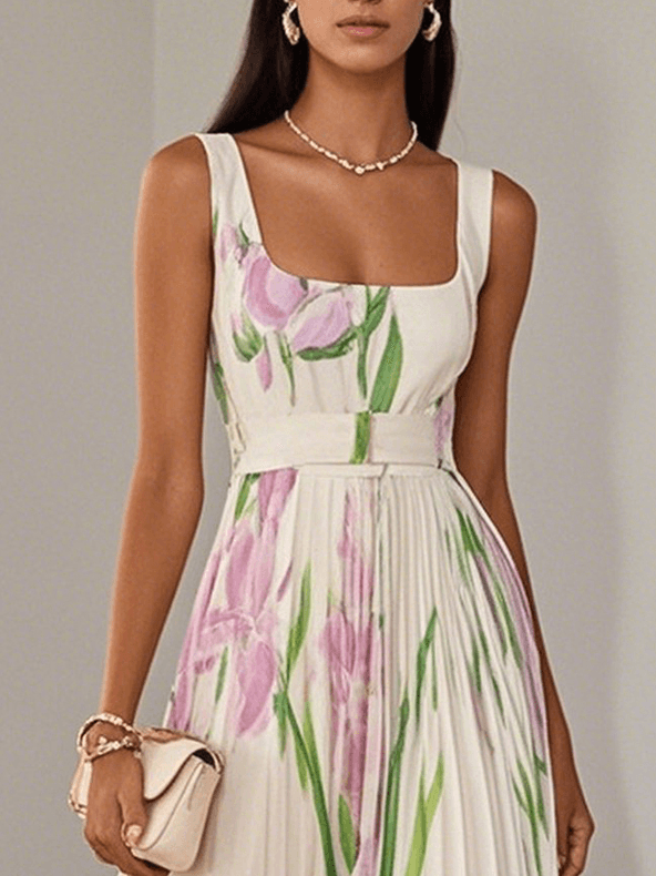 Ella | Women's Pleated Floral Polyester Maxi Dress, Sleeveless A-Line Square Neck Dress