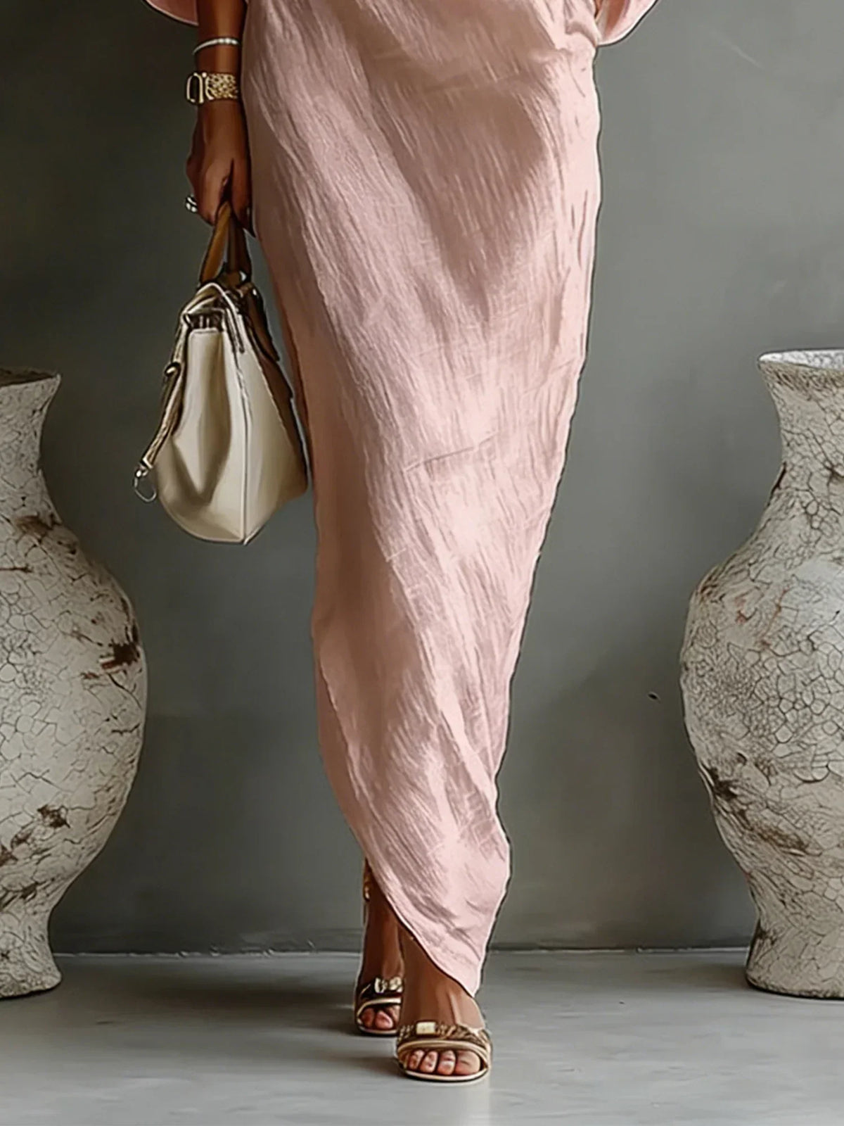 Women's Balloon Sleeve Cotton Linen Maxi Dress, Flowy Summer Dress with Irregular Hem