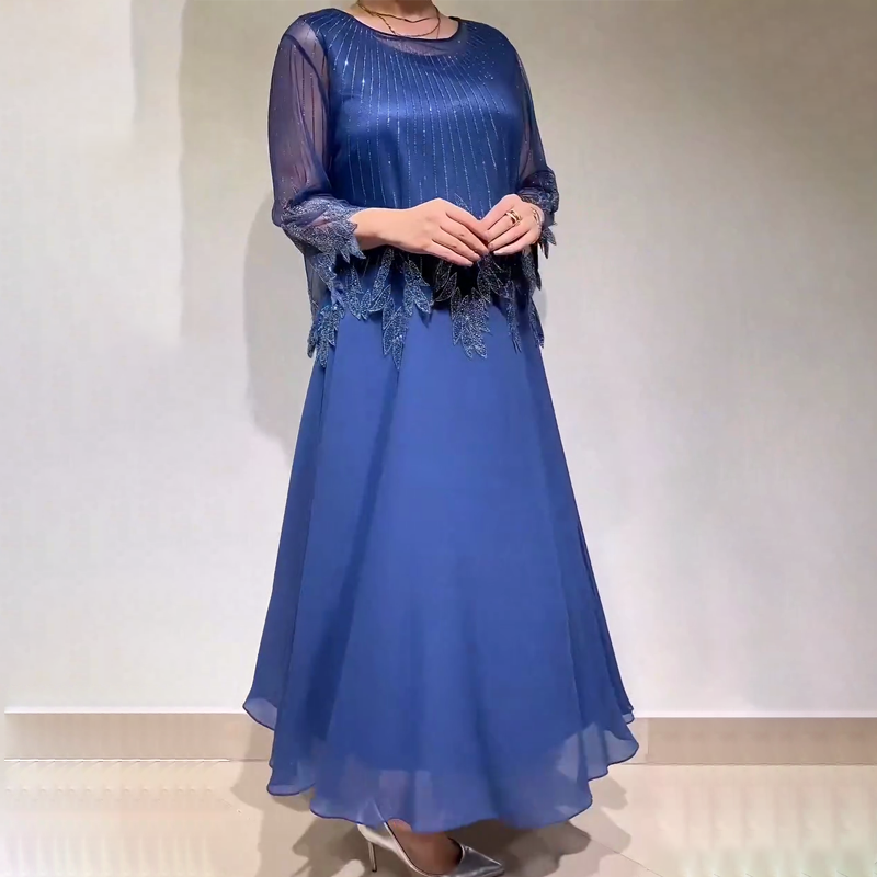 Women's Embellished Midi Dress, Sheer Sleeve Flowy Casual Dress