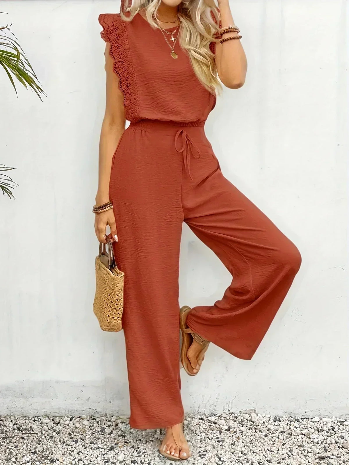 Zella | Women's Lace-Trimmed Two-Piece Set, High-Waist Wide-Leg Trousers and Top