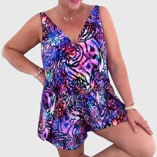 Dahlia | Women's Sleeveless Swim Dress with Built-In Swimsuit, V-Neck Printed Swimwear