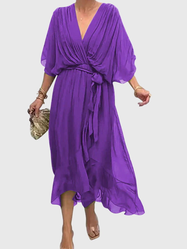 Bethany | Women's V-Neck Midi Dress, Lightweight Flowing Wedding Guest Dress