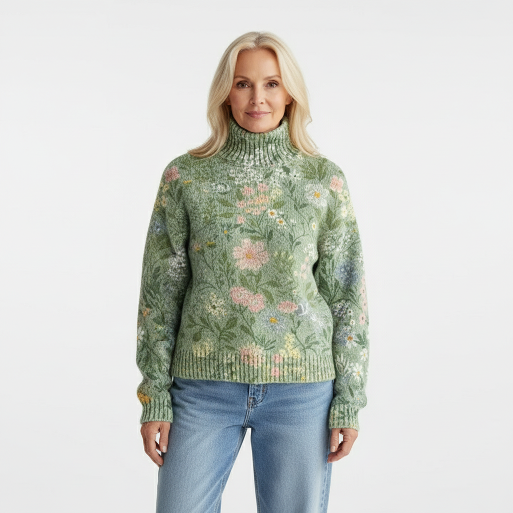 Jessie | Women's Floral Turtleneck Sweater, Soft Knit Fall Winter Pullover