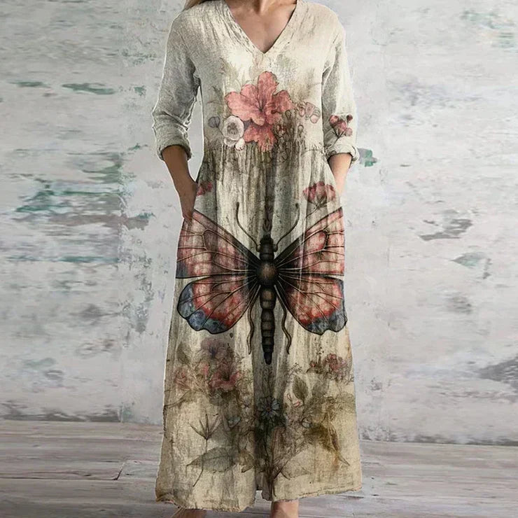 Anais | Women's V-Neck Maxi Dress, Three-Quarter Sleeve Dress with Pockets
