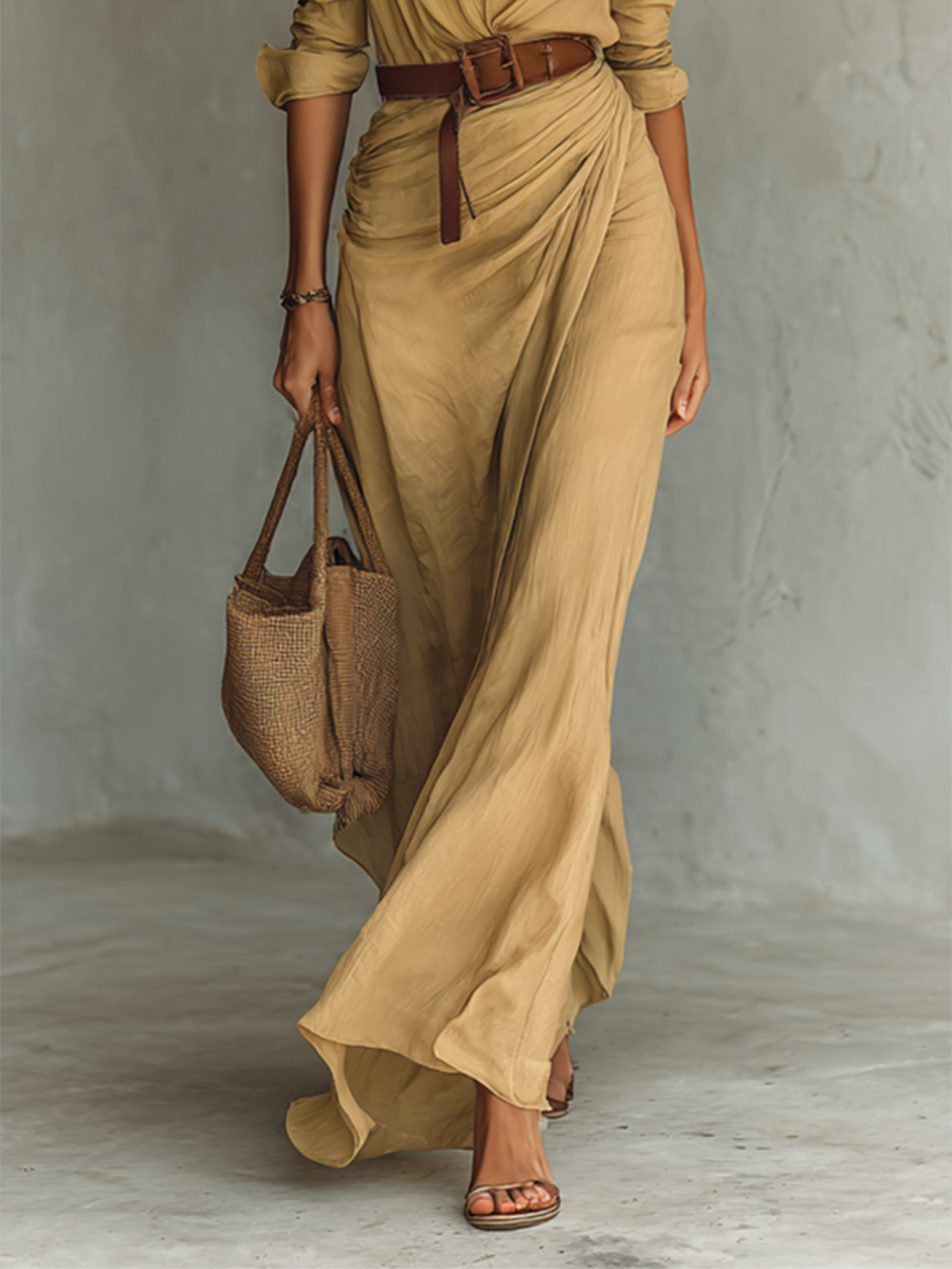 Women's Cotton Tencel Blend Maxi Dress, Long Sleeve Belted Lapel Dress for Work and Events