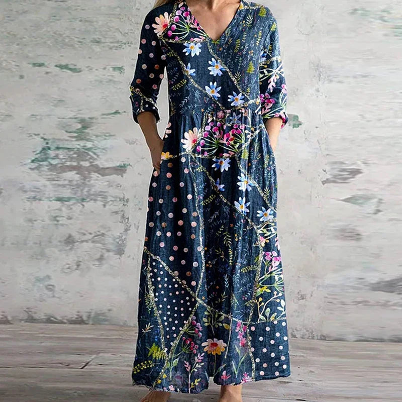 Anais | Women's V-Neck Maxi Dress, Three-Quarter Sleeve Dress with Pockets