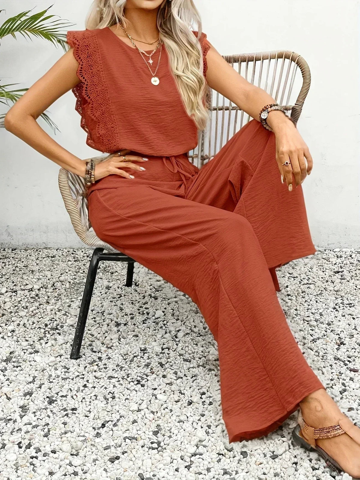 Zella | Women's Lace-Trimmed Two-Piece Set, High-Waist Wide-Leg Trousers and Top