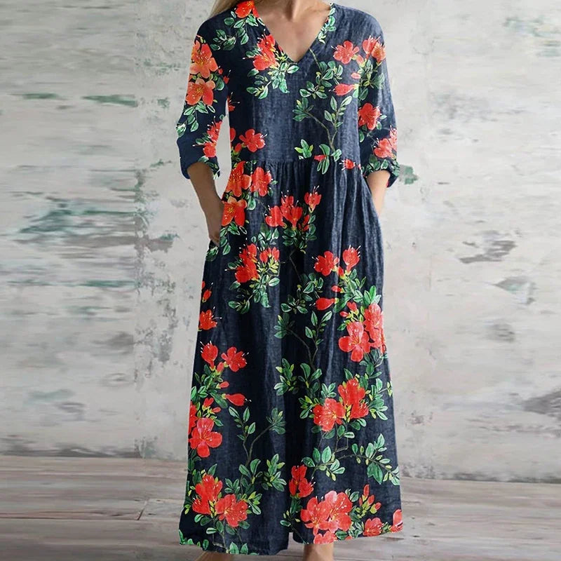 Anais | Women's V-Neck Maxi Dress, Three-Quarter Sleeve Dress with Pockets