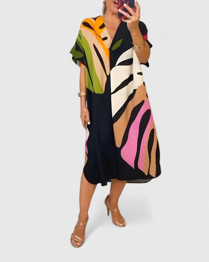 Cymarie | Women's Leaf Print Midi Dress, Loose Fit Breathable Summer Dress