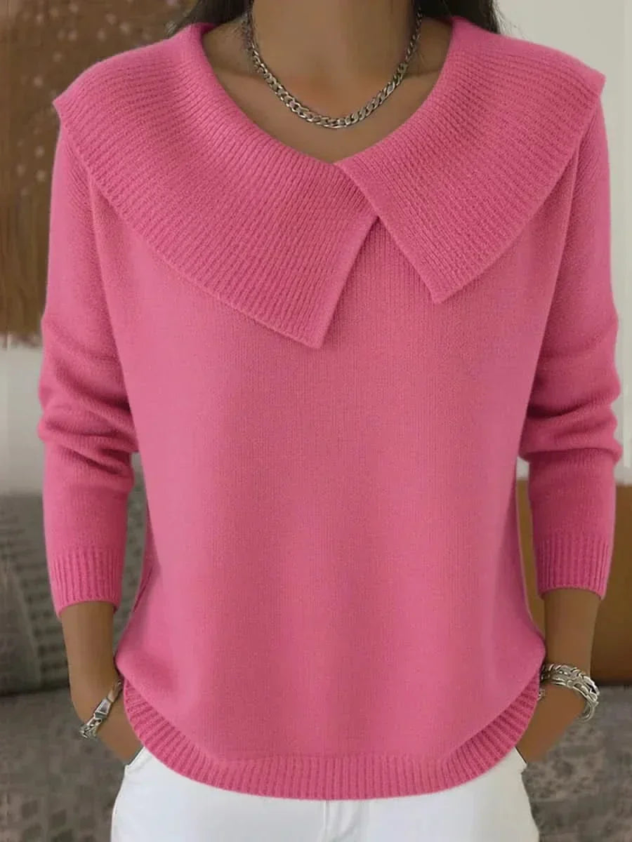 Odette | Women's Pink Ribbed Collar Sweater, Soft Knit Everyday Sweater