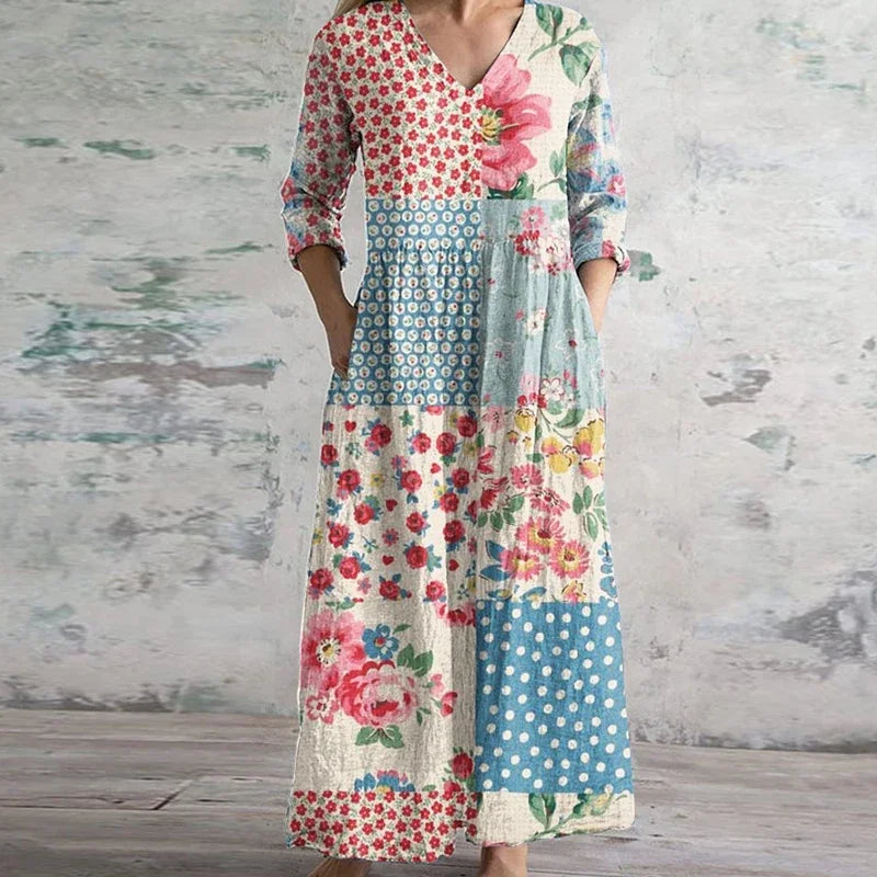 Anais | Women's V-Neck Maxi Dress, Three-Quarter Sleeve Dress with Pockets