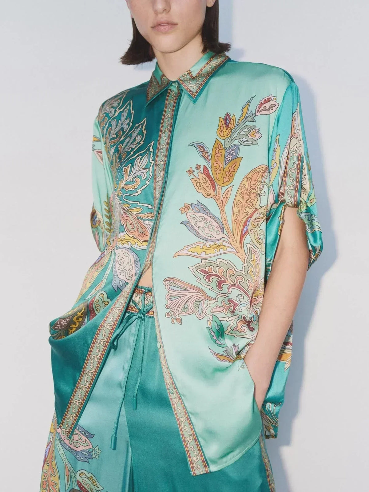 Eliza | Women's Paisley Print Two-Piece Set, Oversized Shirt and Wide-Leg Pants Outfit