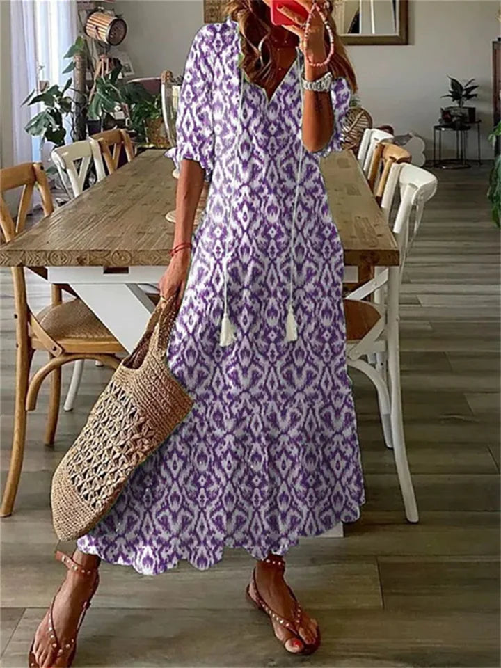 Annemariee | Women's Boho Floral Maxi Dress, V-Neck Short Sleeve Beach Dress