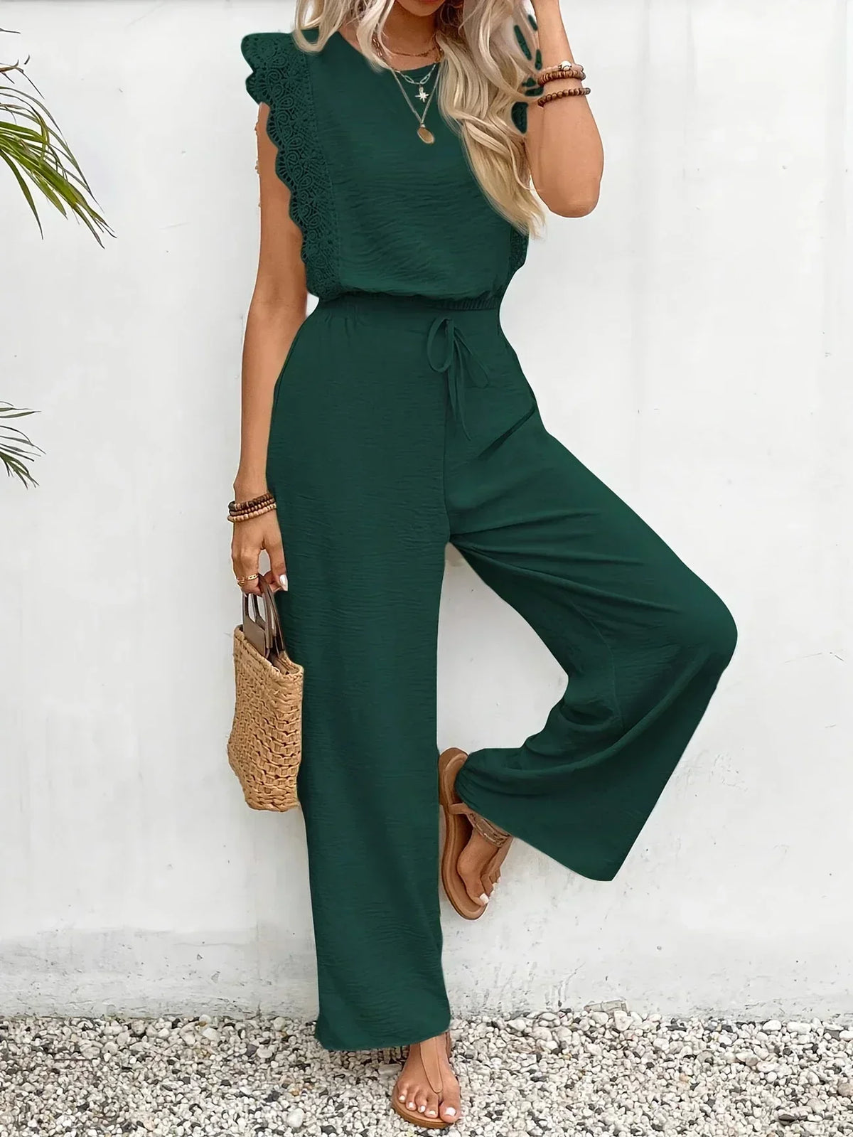 Zella | Women's Lace-Trimmed Two-Piece Set, High-Waist Wide-Leg Trousers and Top