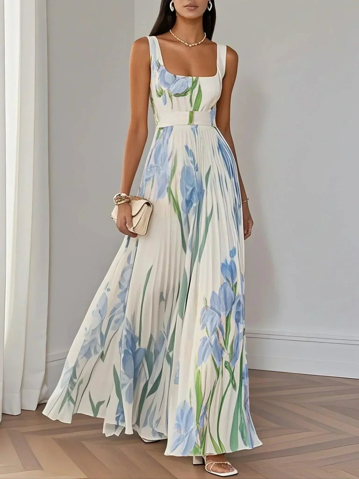 Ella | Women's Pleated Floral Polyester Maxi Dress, Sleeveless A-Line Square Neck Dress