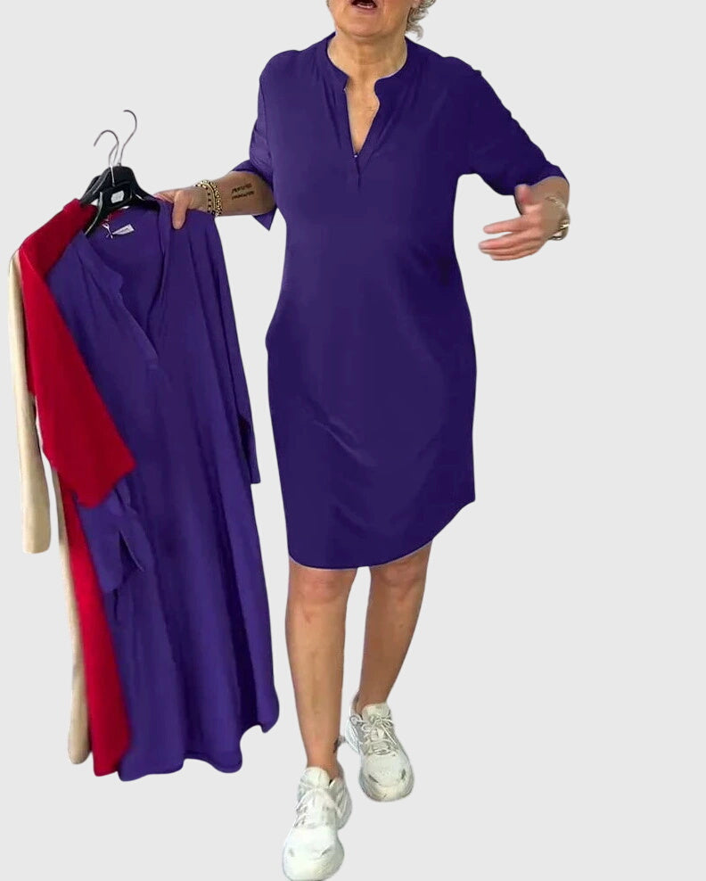 Katherine | Women's Solid V-Neck Mini Dress, Stretchy Everyday Work Dress