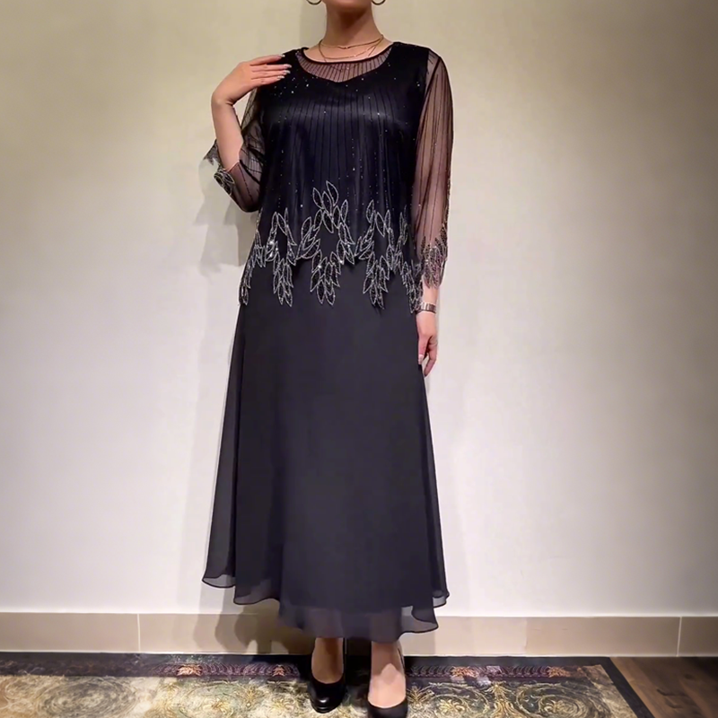 Women's Embellished Midi Dress, Sheer Sleeve Flowy Casual Dress