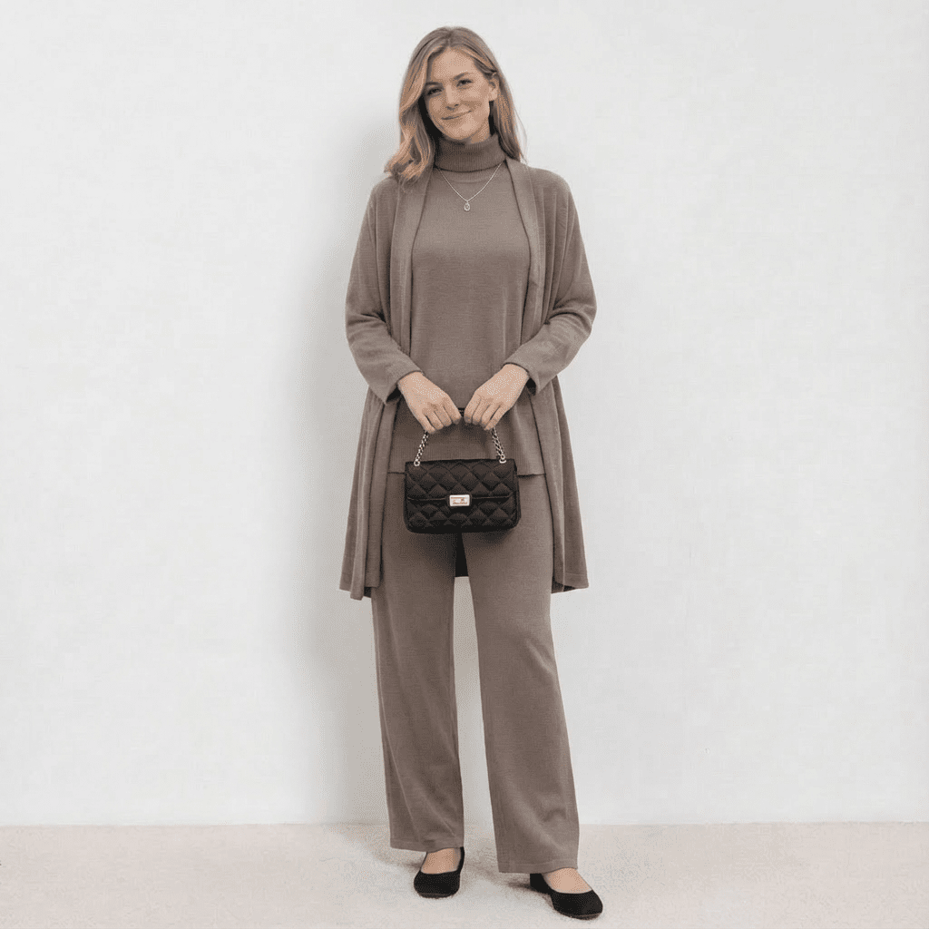 Barbara | Women's Wool Blend Knit Three-Piece Set, Cardigan Top and Trousers Co-Ord