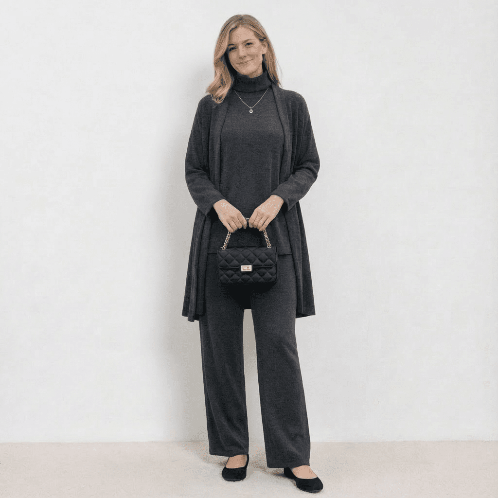 Barbara | Women's Wool Blend Knit Three-Piece Set, Cardigan Top and Trousers Co-Ord