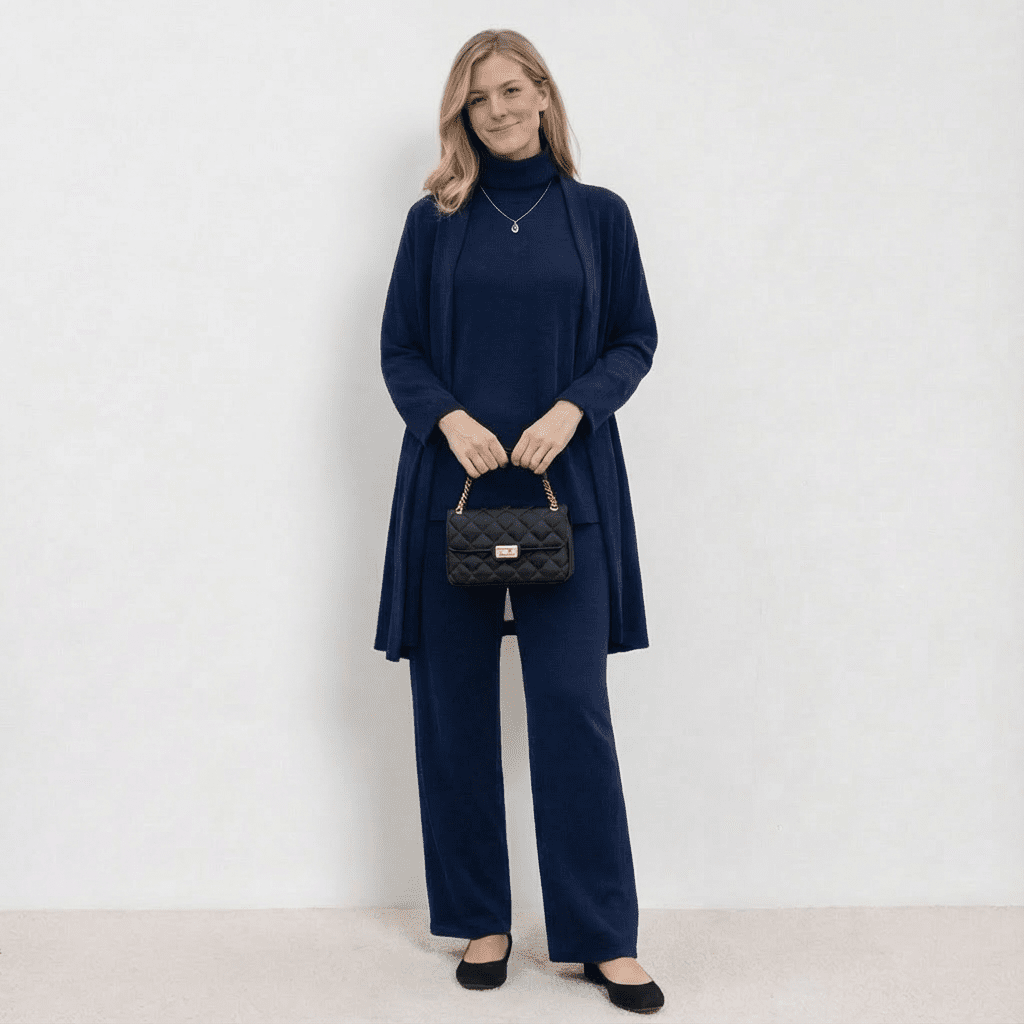 Barbara | Women's Wool Blend Knit Three-Piece Set, Cardigan Top and Trousers Co-Ord