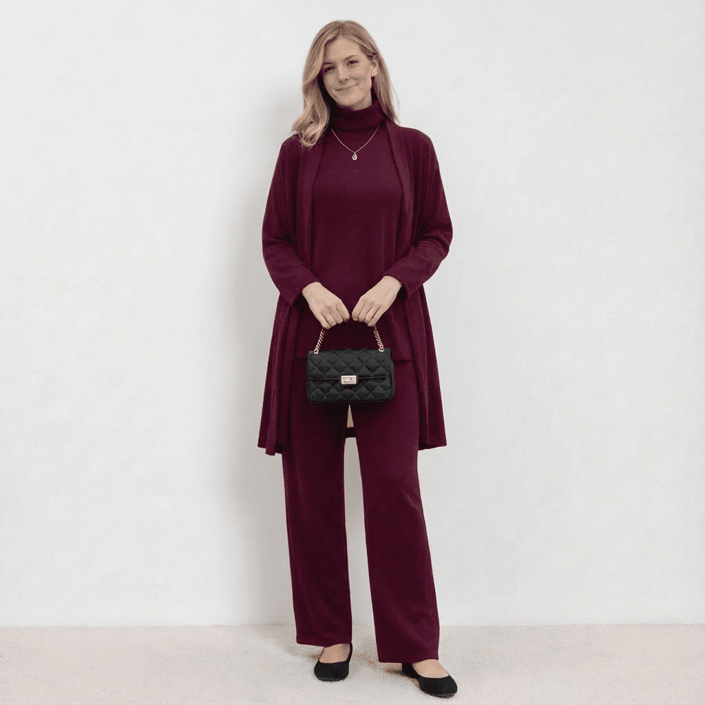 Barbara | Women's Wool Blend Knit Three-Piece Set, Cardigan Top and Trousers Co-Ord