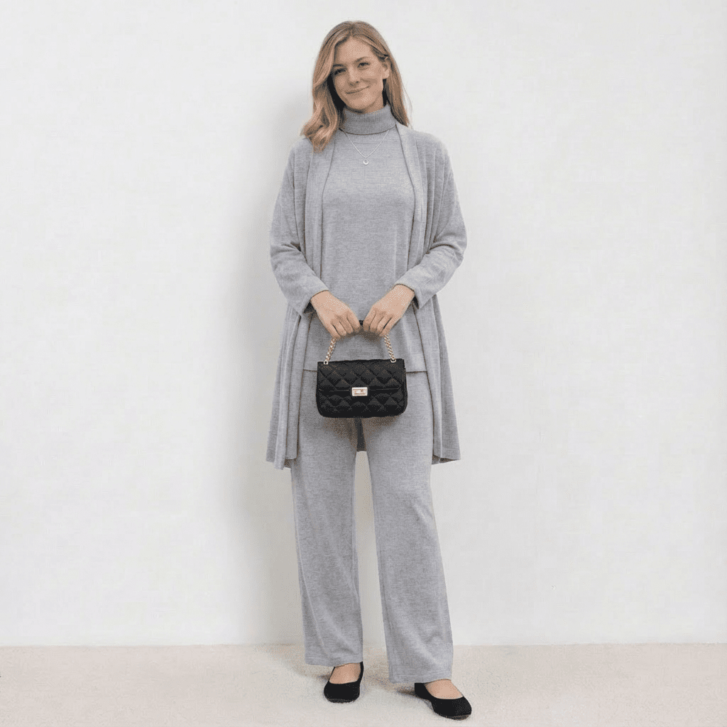 Barbara | Women's Wool Blend Knit Three-Piece Set, Cardigan Top and Trousers Co-Ord